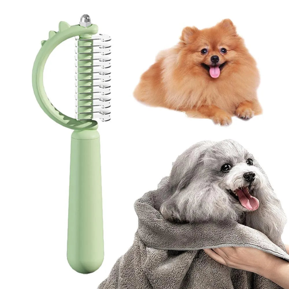 Blue dinosaur-shaped cat brush with double-sided grooming heads for shedding and dematting