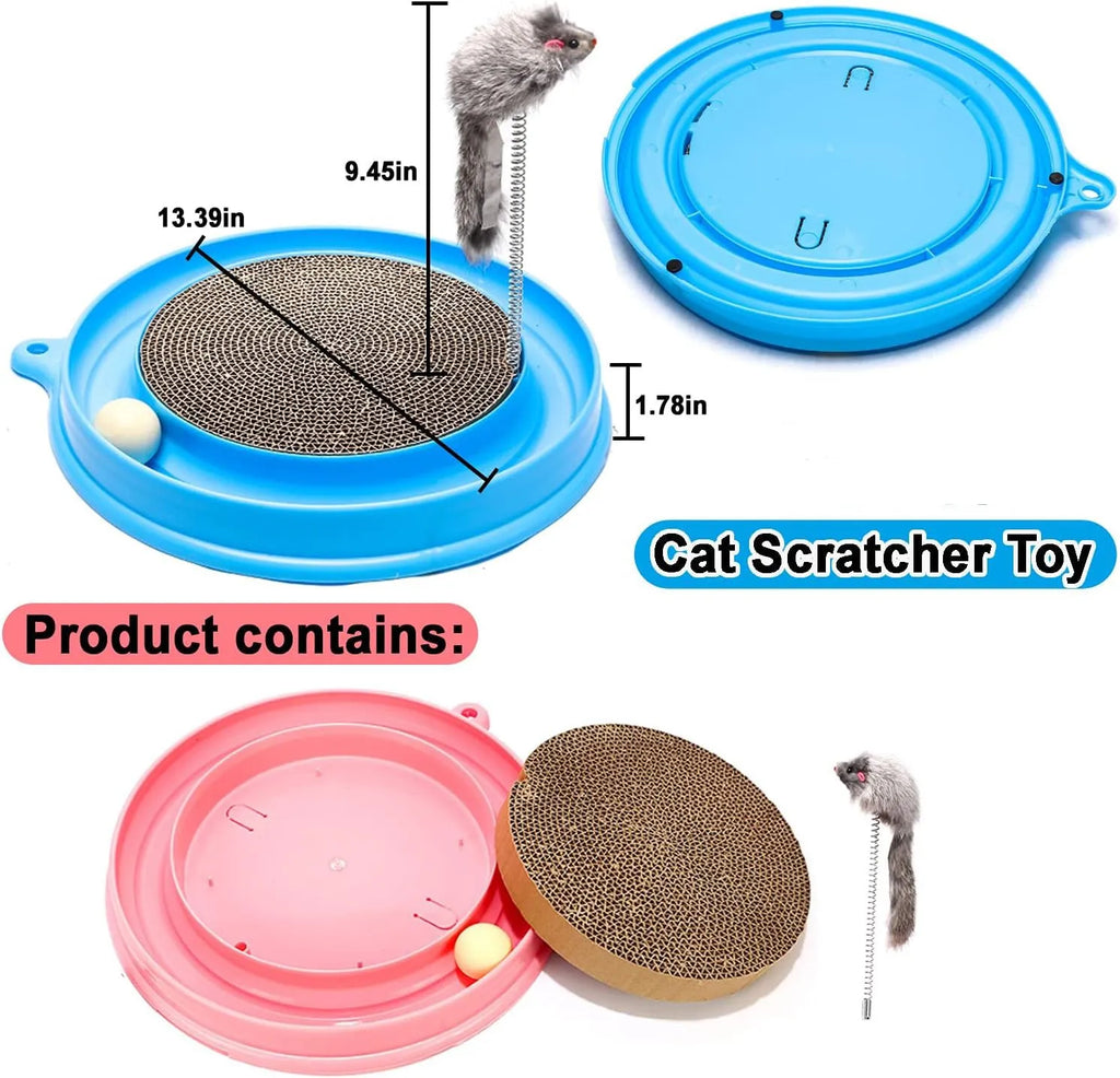 Blue circular cat scratcher with ball track and replaceable cardboard scratching centre