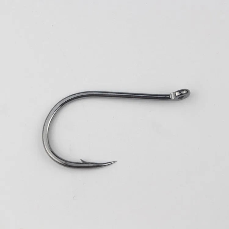 Bulk pack of barbed alloy carbon steel sea fishing hooks with a crooked mouth and hole ring design.