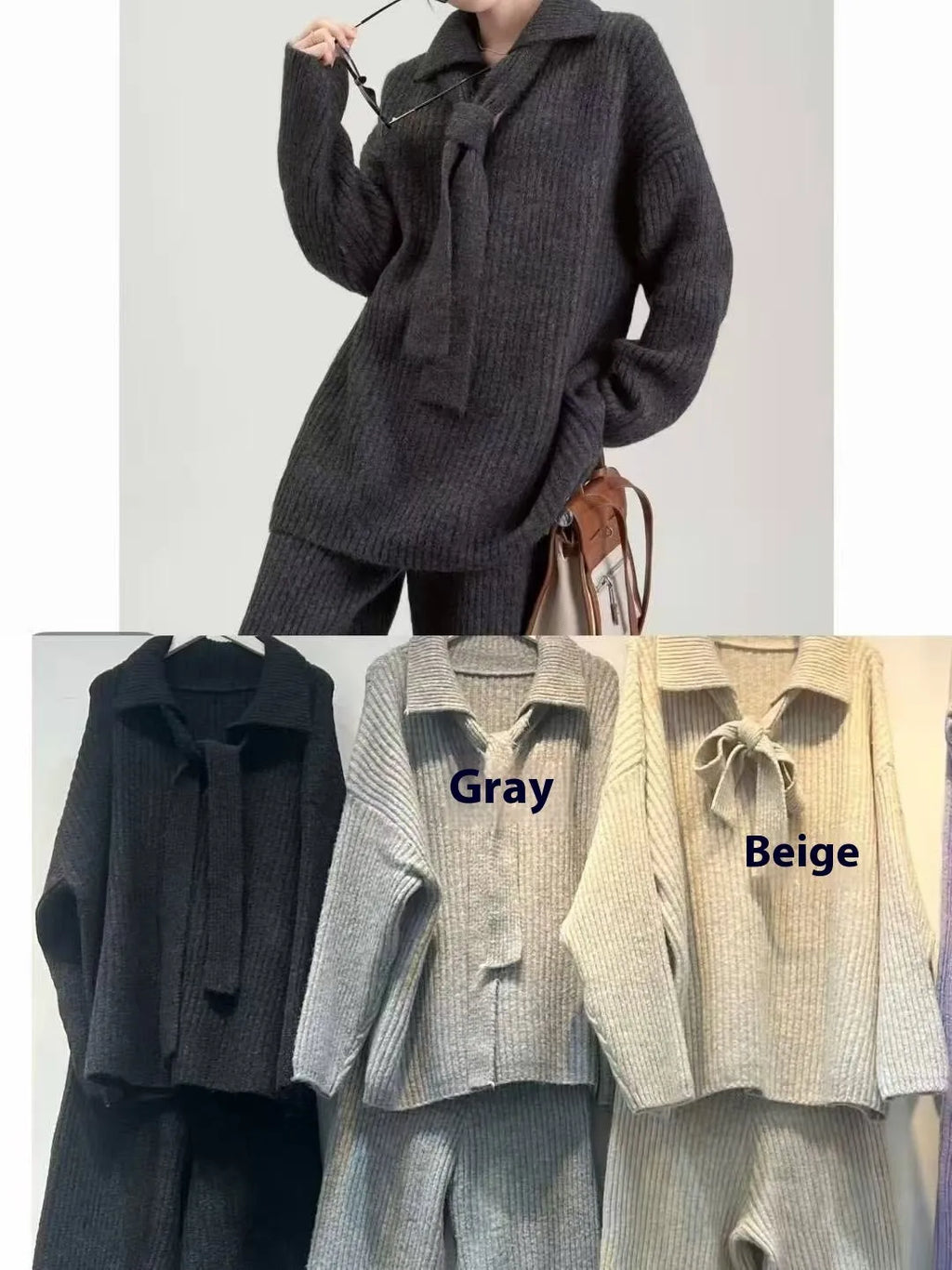 Imitation cashmere sweater suit two-piece set with top and trousers in dark grey colour