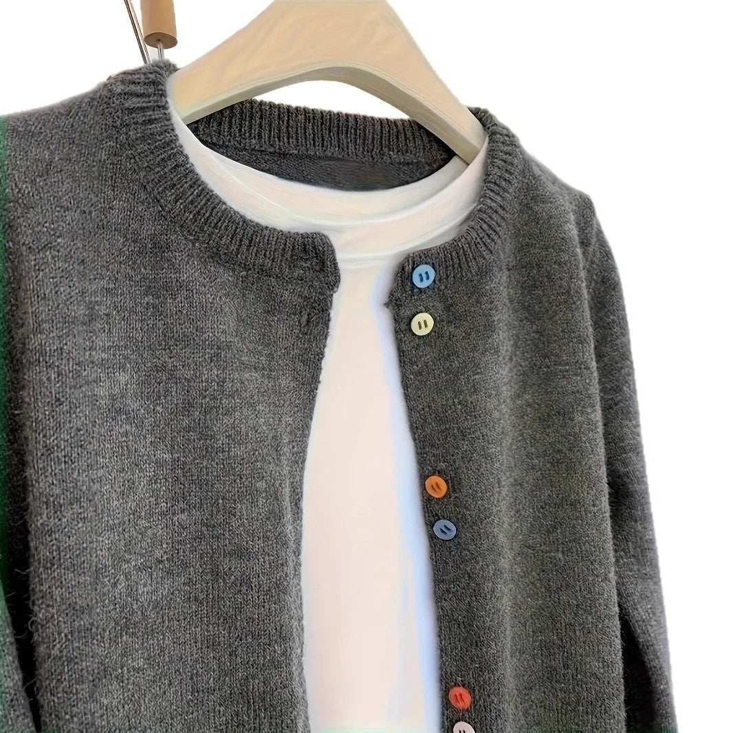Dark grey solid colour women's cardigan with button front and long sleeves.