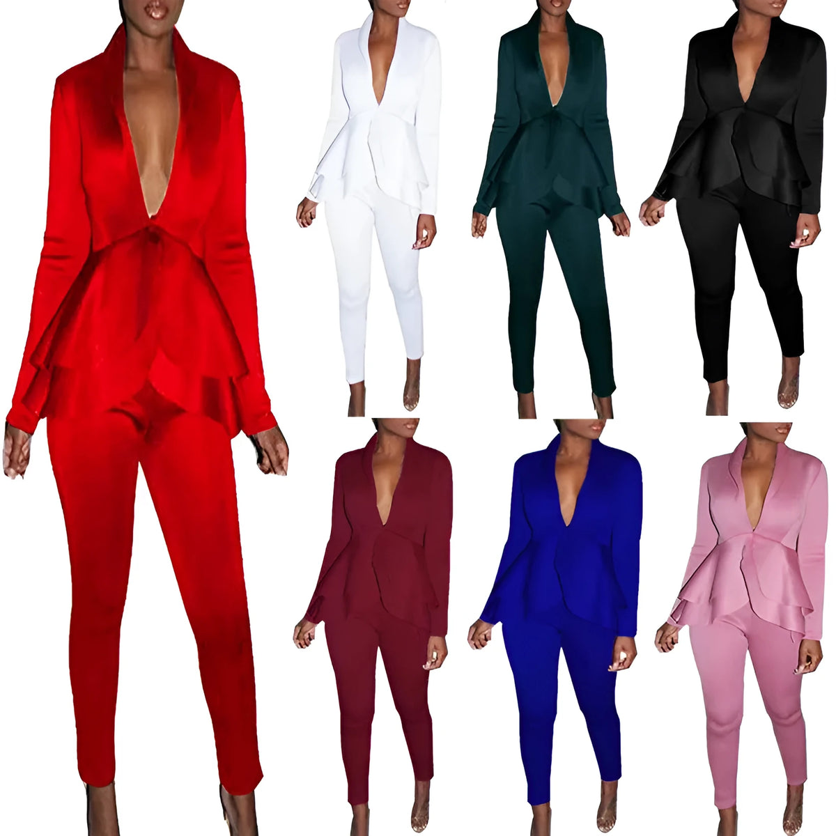 Women's ruffled top and pencil pants business uniform set in various colours