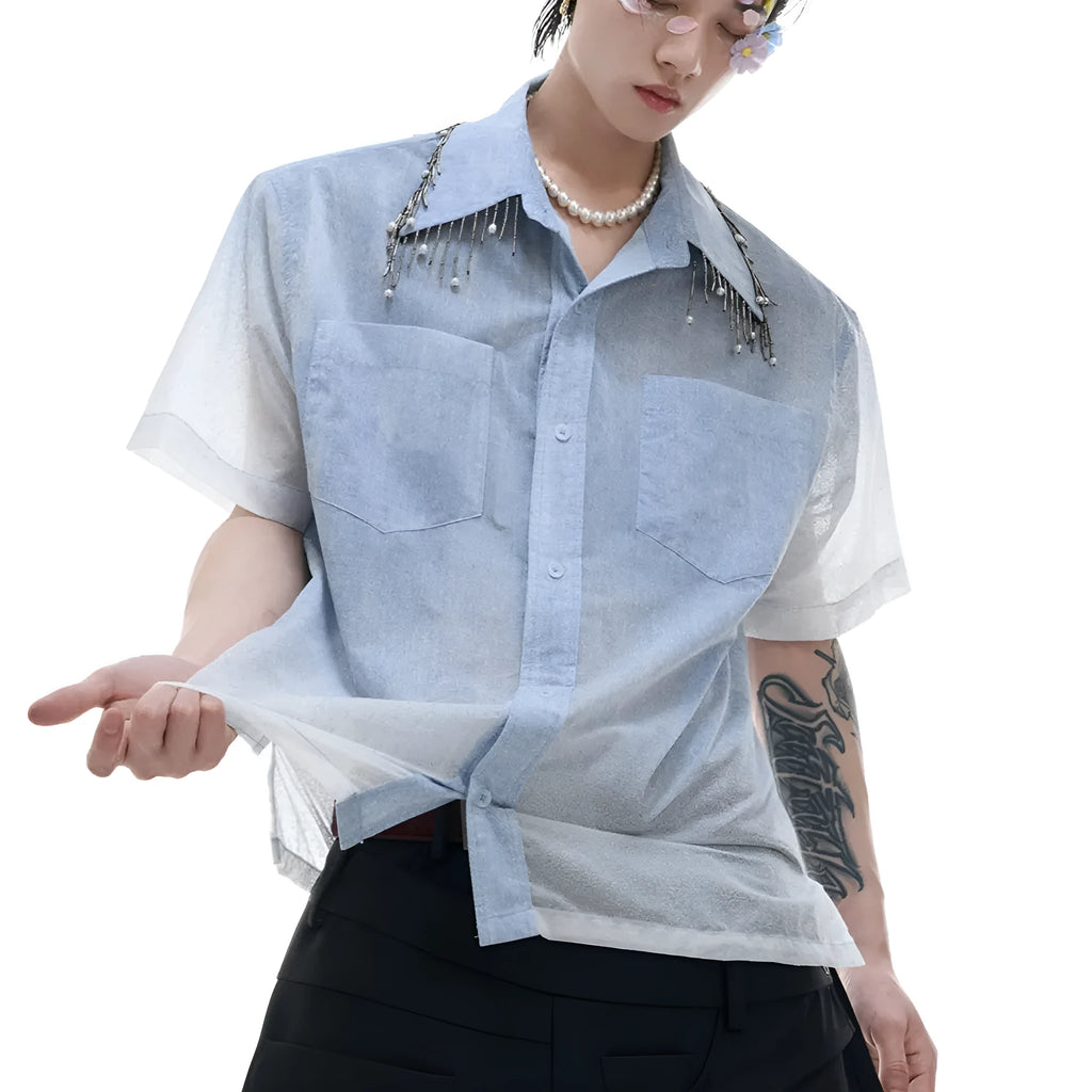 Men's loose fit blue and white gradient short sleeve shirt with quilted design details