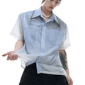 Men's loose fit blue and white gradient short sleeve shirt with quilted design details
