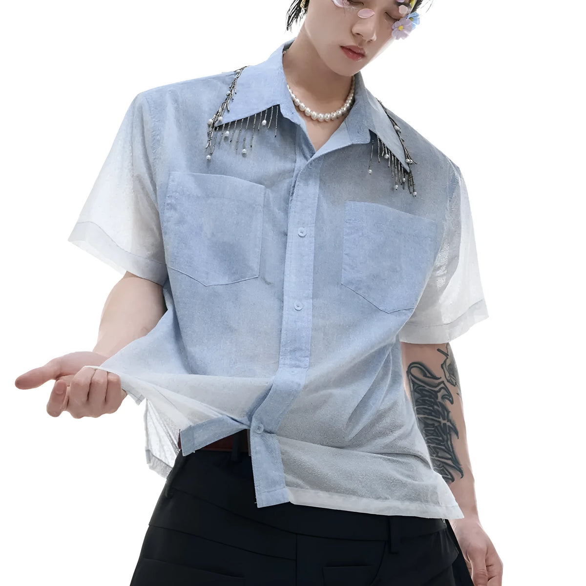 Men's loose fit blue and white gradient short sleeve shirt with quilted design details