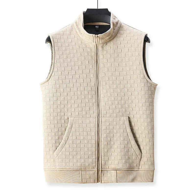 Men's casual sleeveless waistcoat vest in cardigan style, black colour, polyester chemical fibre blend fabric