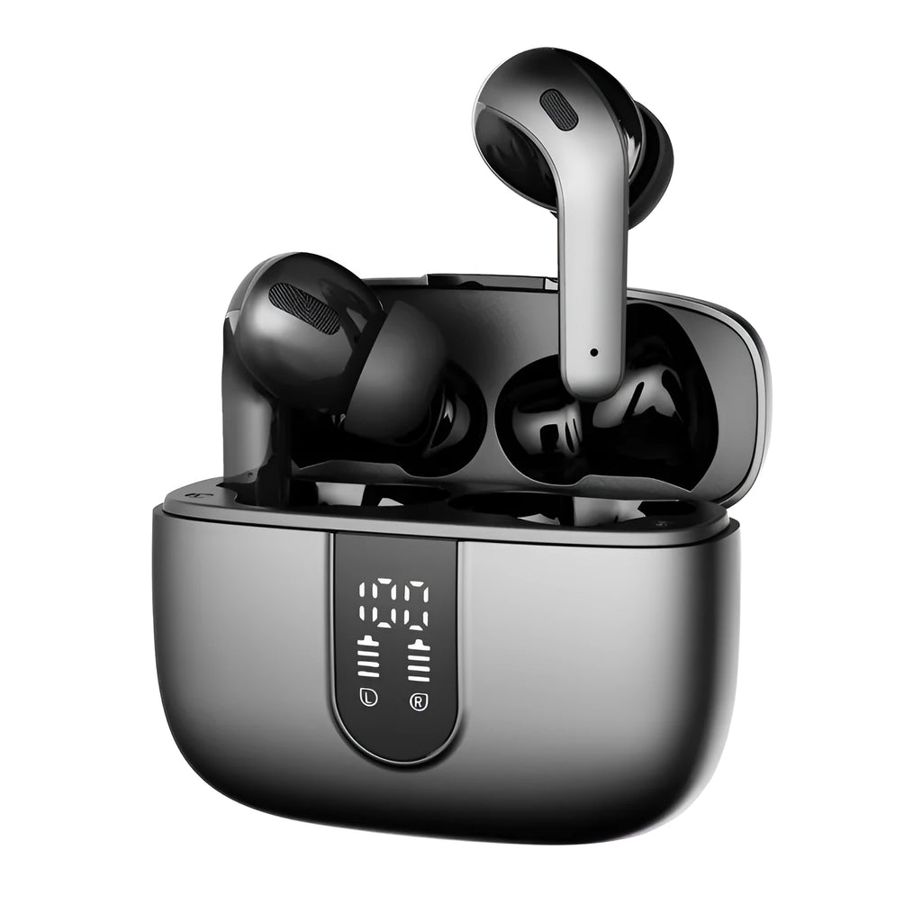 Jerry X08 wireless headphones in black with digital display charging case showing battery percentage