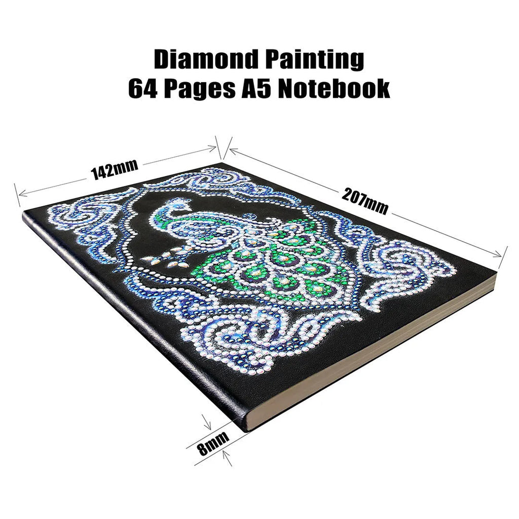 Black A5 diamond painting notebook with shaped and bright rhinestone designs on the cover.