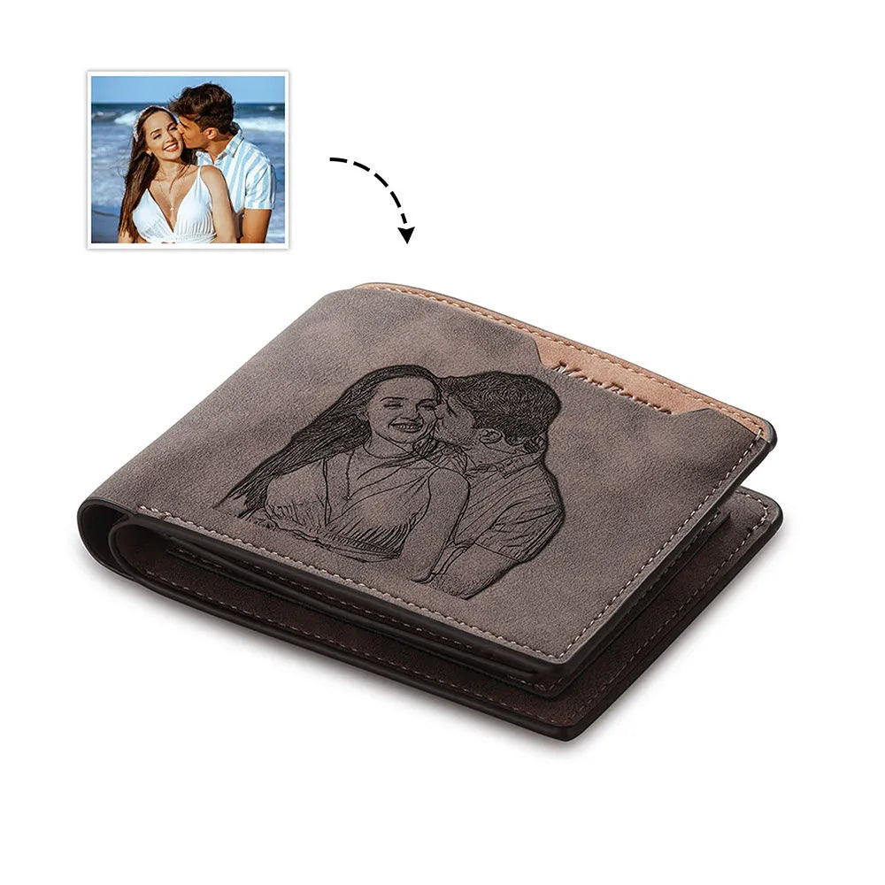 Coffee coloured engraved horizontal PU leather wallet showing seven card slots.