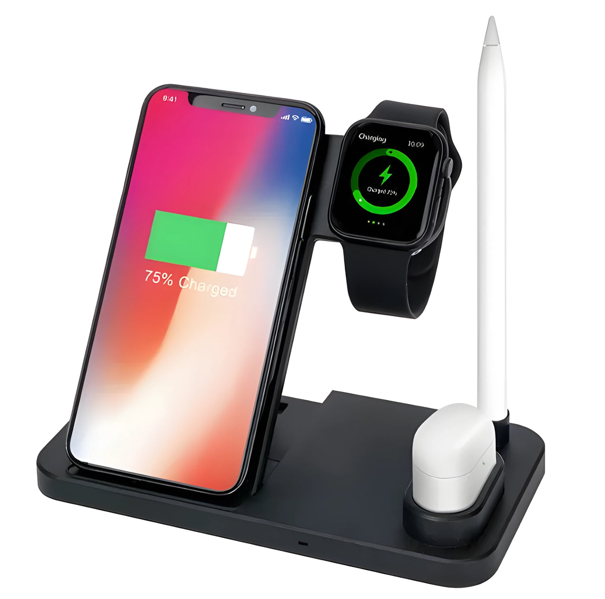 4-in-1 wireless charging station with adjustable magnetic stand charging iPhone, Apple Watch, AirPods, and Apple Pencil