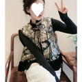 Retro Tang Suit style vest with plant and flower pattern, button cardigan front, 50cm length, picture colour