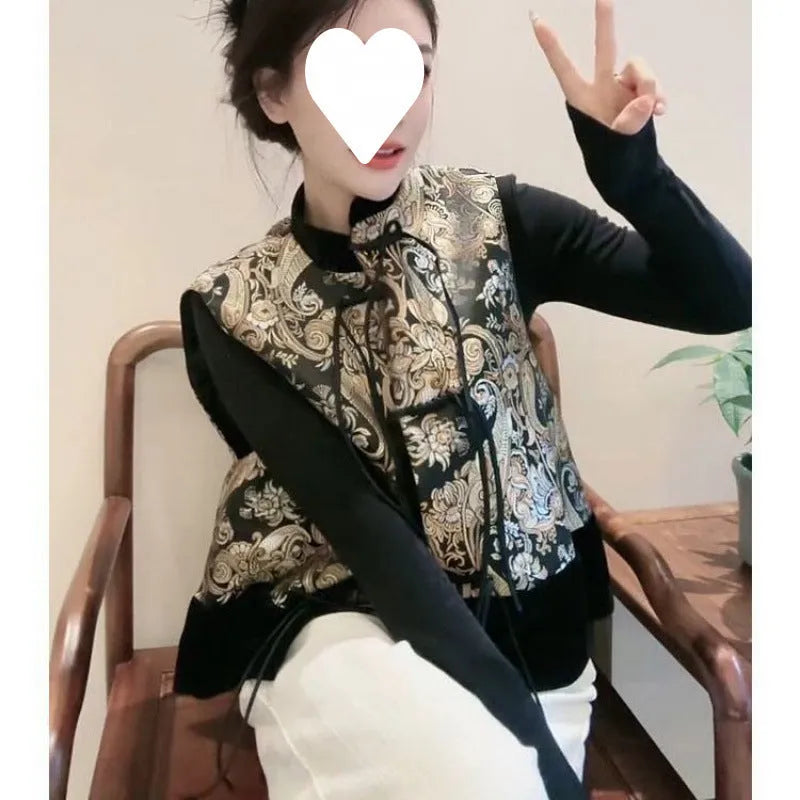 Retro Tang Suit style vest with plant and flower pattern, button cardigan front, 50cm length, picture colour
