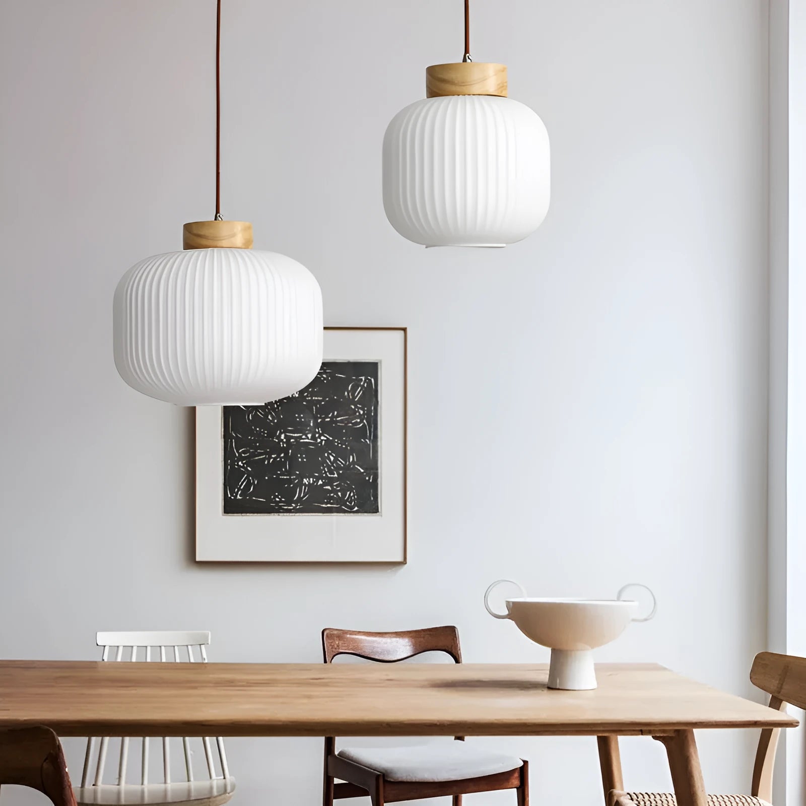 Nordic style retro wooden pendant ceiling light chandelier showing three size and light colour options.