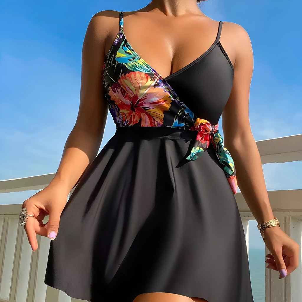 Black women's high waist printed split bikini briefs for swimming and sports.