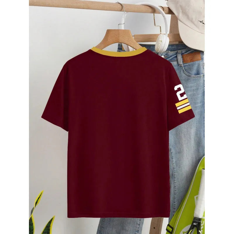 Men's loose fit red cotton t-shirt with a contrasting digital print white letter pattern on the front.