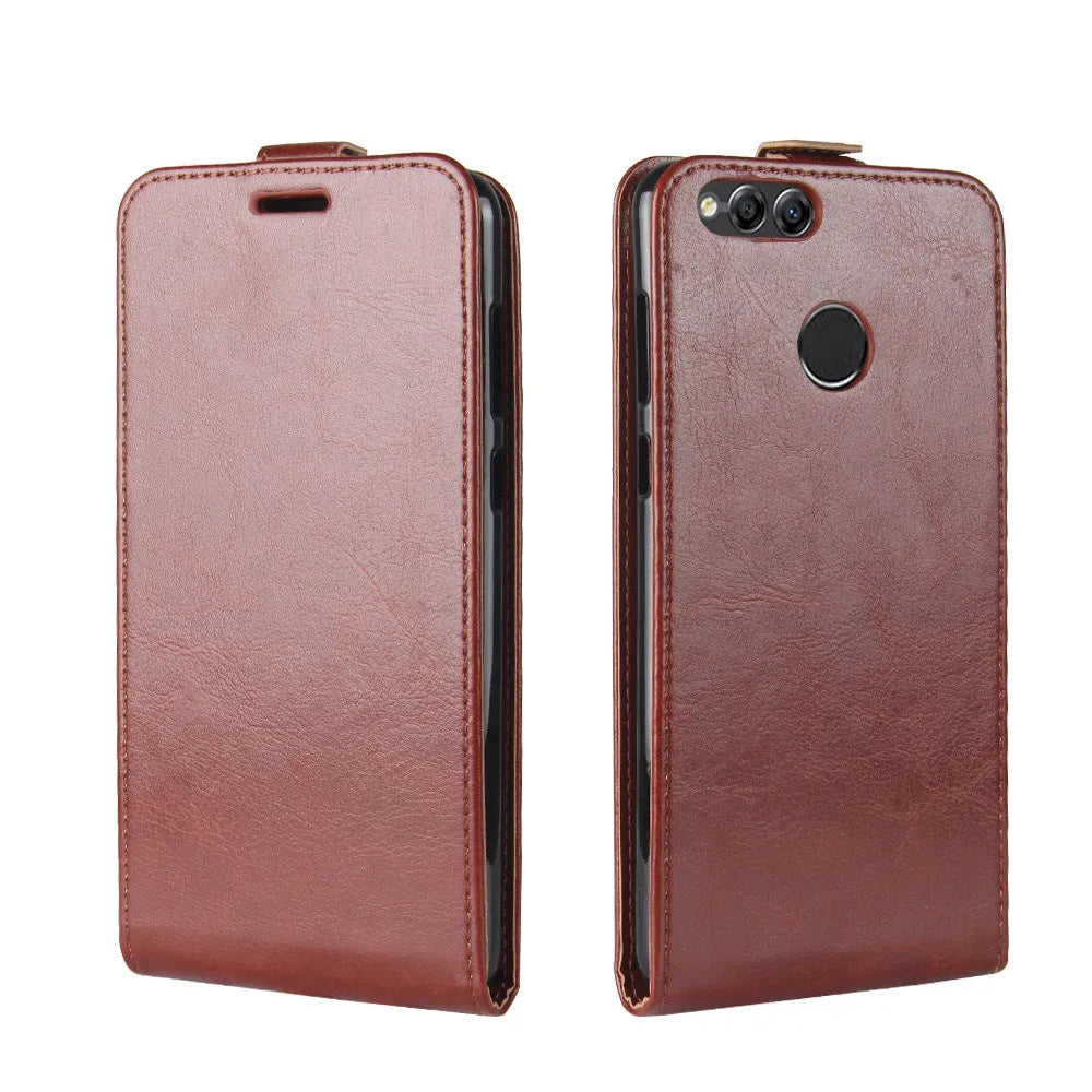 Huawei Honor 7X leather wallet case in black showing card slots and textured crazy horse pattern.