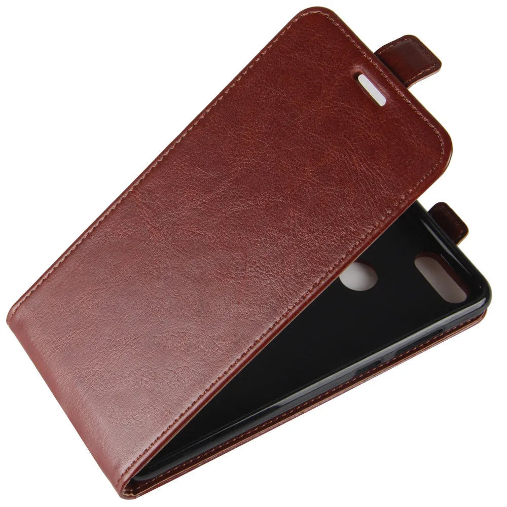 Huawei Honor 7X leather wallet case in black showing card slots and textured crazy horse pattern.