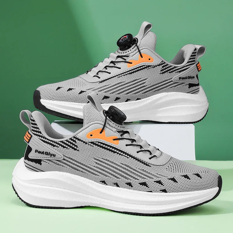 Men's white green Fly-kit mesh running shoes with rotating buckle and lace-up closure on TPU sole