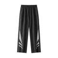 Men's straight leg casual trousers in grey with elastic waistband and button fly