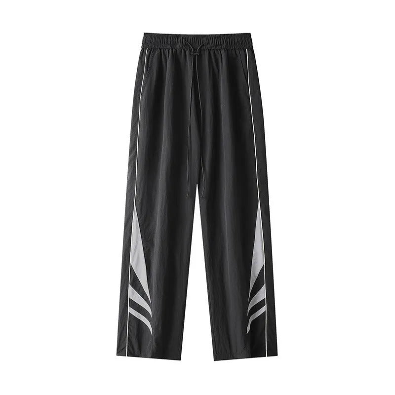 Men's straight leg casual trousers in grey with elastic waistband and button fly