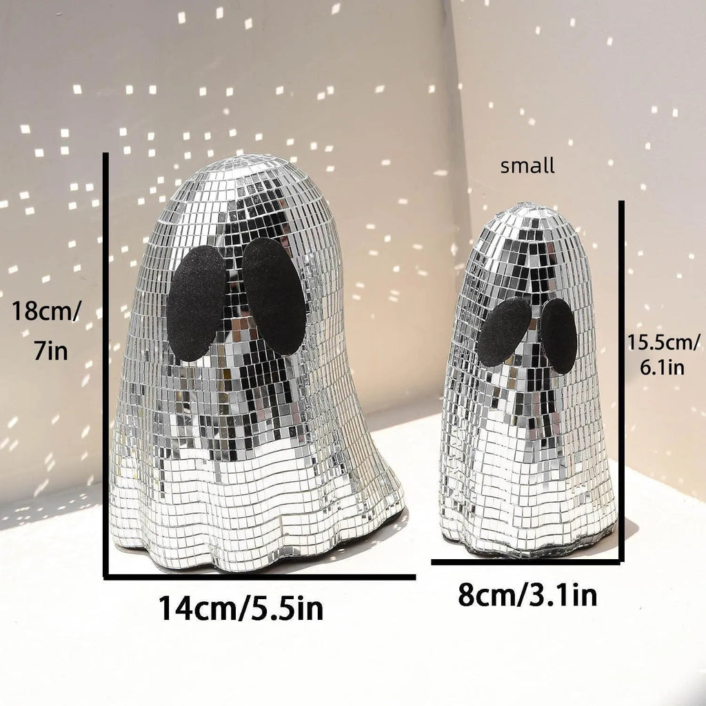 Silver Halloween ghost desktop decoration with mosaic mirror patch inlay on glass.