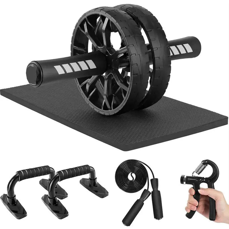 Seven abdominal wheels with push-up brackets in red, green, black, and blue colours for indoor fitness equipment