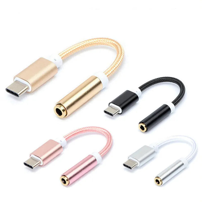 Weaving TYPE-C to 3.5mm audio adapter cable with nylon braided construction in metallic colours