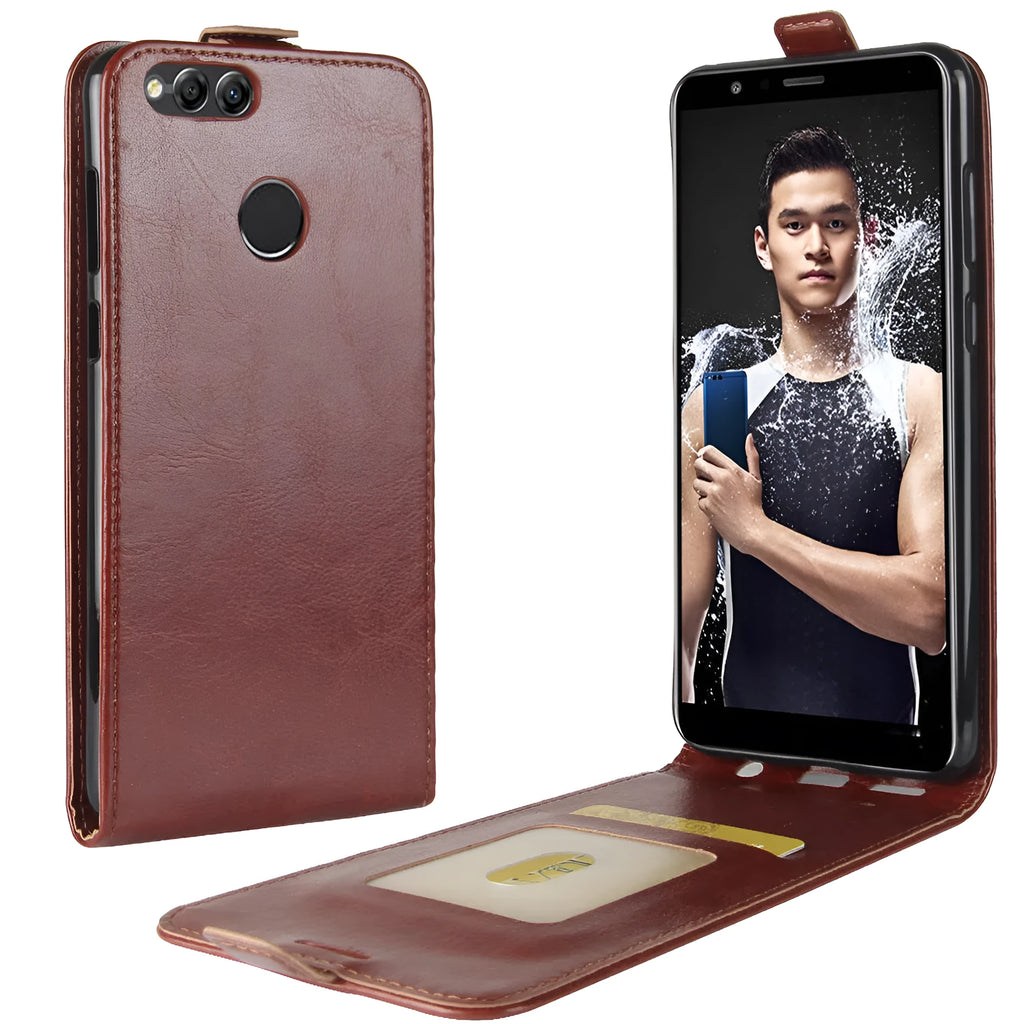 Huawei Honor 7X leather wallet case in black showing card slots and textured crazy horse pattern.
