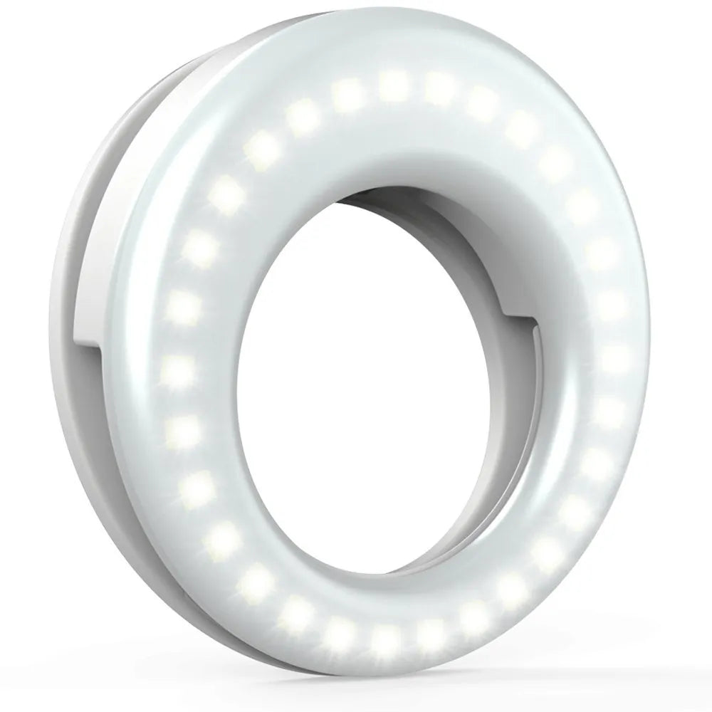 Compact black portable LED selfie ring light for mobile phones with USB cable