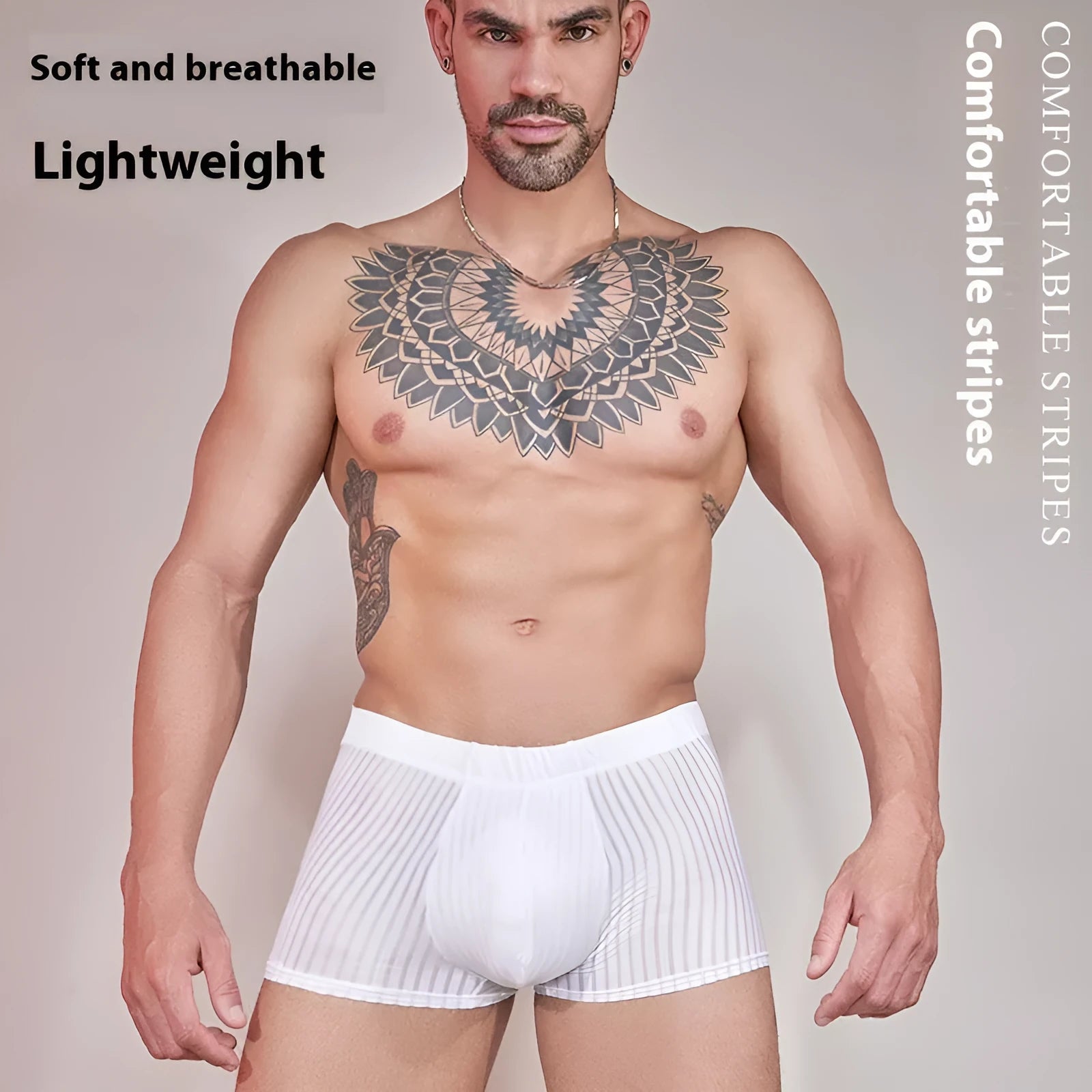 Men's striped underwear in thin transparent nylon fabric showing black, white and dark grey colour options