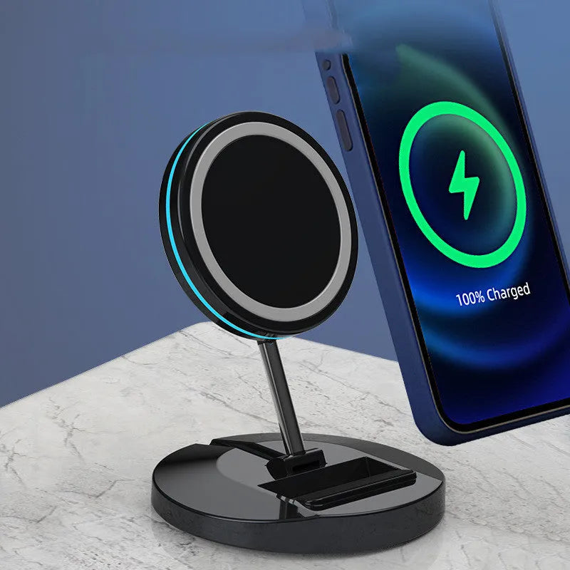 Folding magnetic wireless charging stand for iPhone 12 showing its compact design.