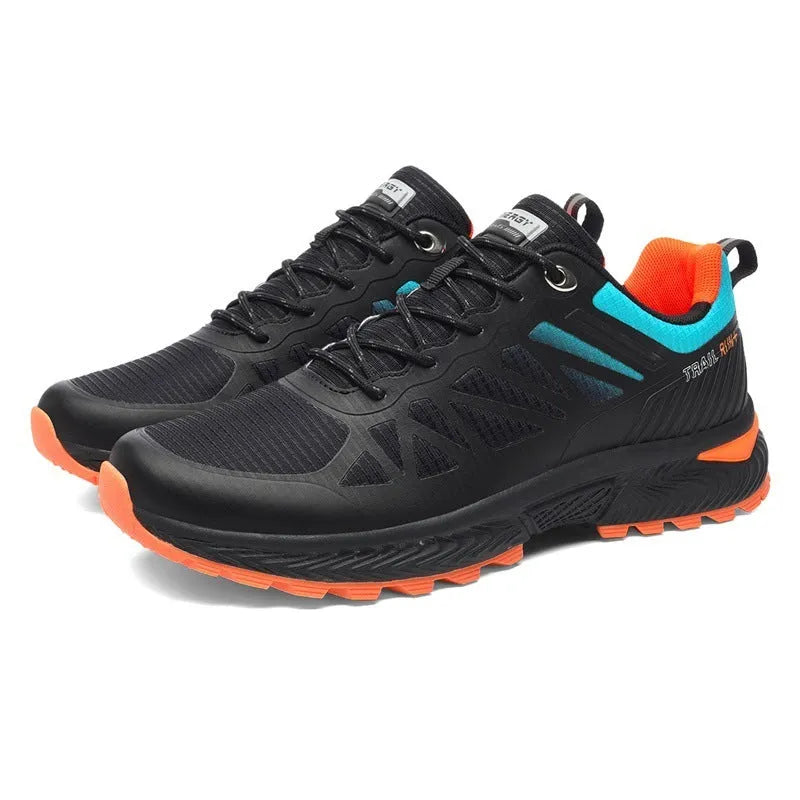 Men's black plus size outdoor running shoes with breathable mesh upper and lace-up design