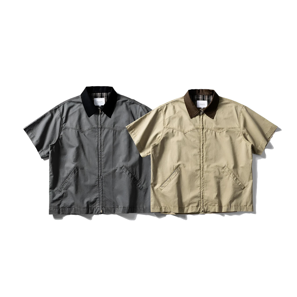 Washed cotton overalls shirt with short sleeves and loose cardigan styling in khaki or grey colours