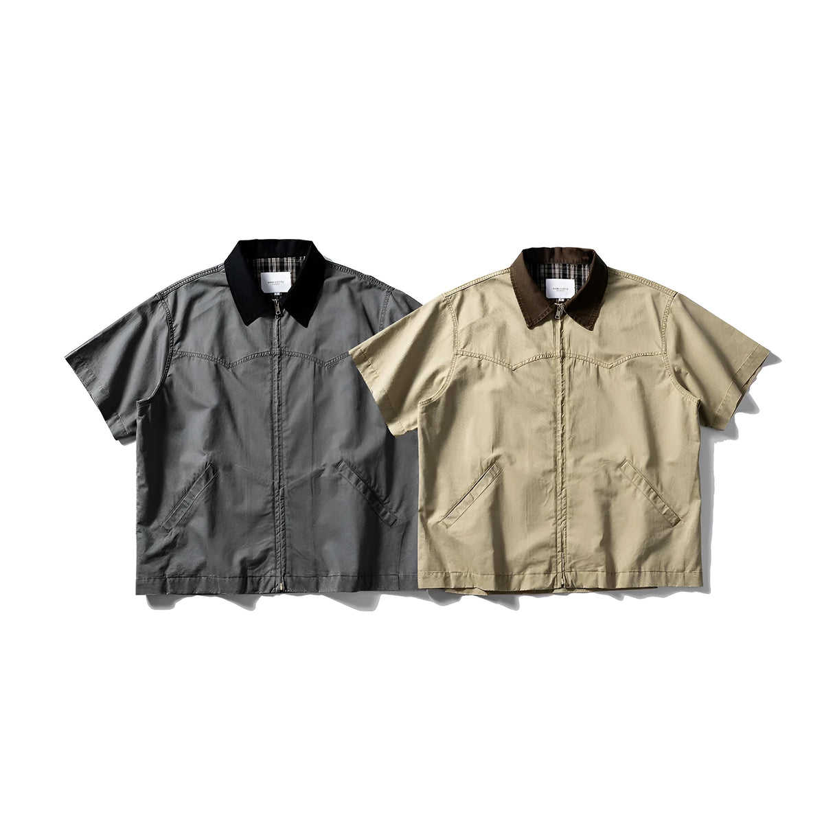 Washed cotton overalls shirt with short sleeves and loose cardigan styling in khaki or grey colours