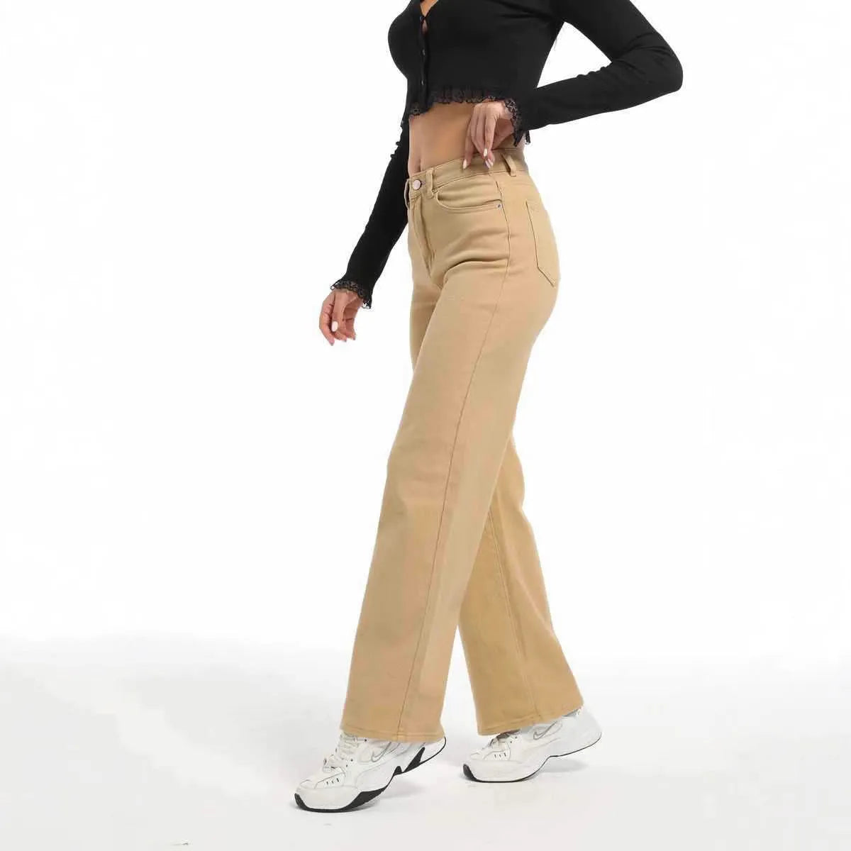 Women's straight leg wide jeans in apricot and khaki colours showing high waist design and trouser length