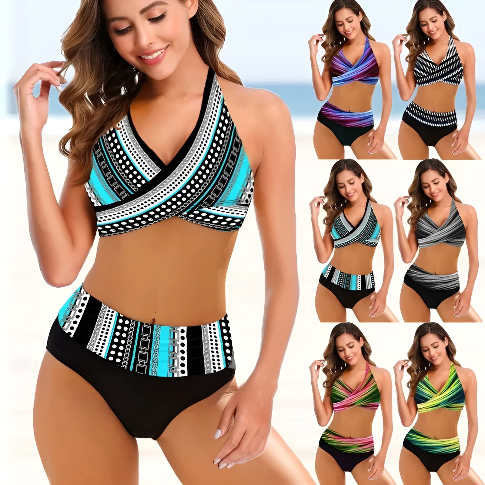 Ladies striped tie-dye hollow bikini swimsuit with high waist and backless design