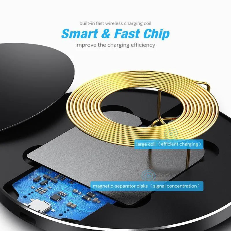 Black square wireless charging pad with ultra-thin 6.5mm profile showing 9V QI fast charging capability