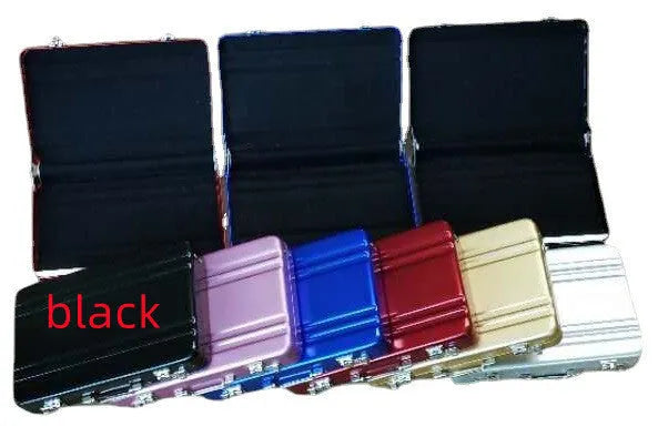 Aluminium alloy metal card holder in red colour showing dimensions of 100mm width 65mm height