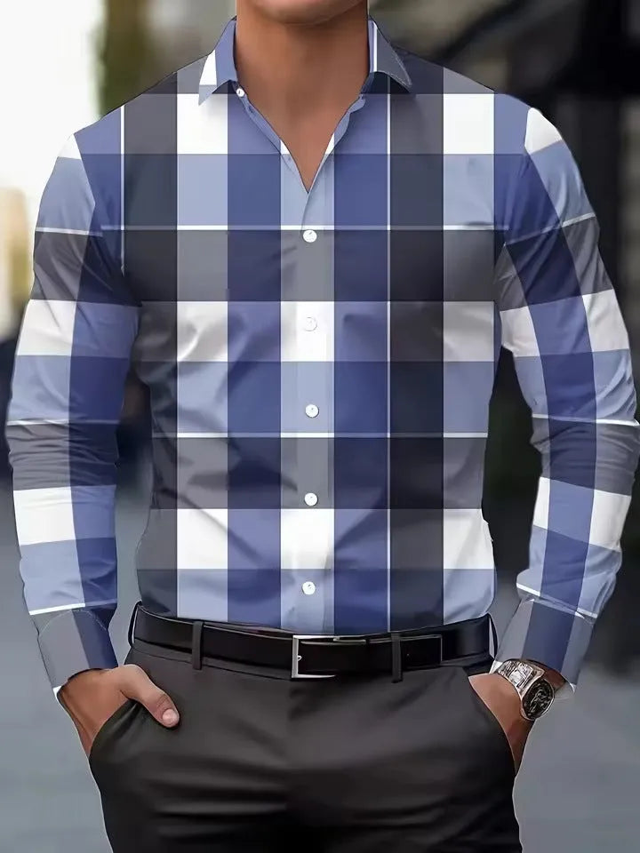 Men's striped long sleeve button-down shirt in polyester, shown in multiple colours and sizes.