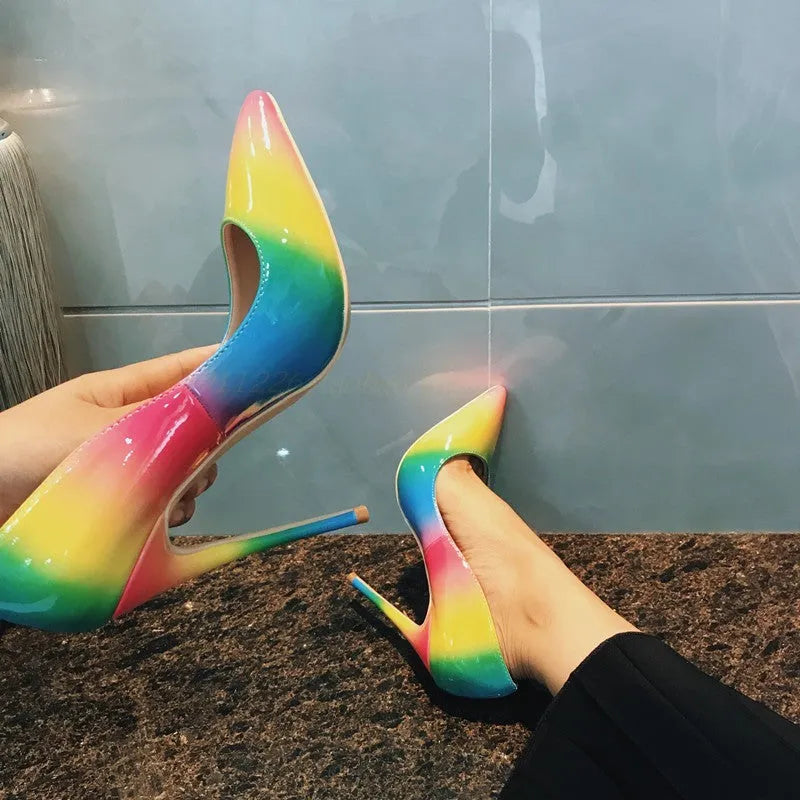 Rainbow colour gradient patent leather women's ultra-high heel shoes with pointed toe and thin heel