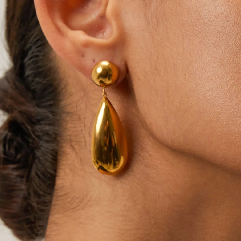 Gold stainless steel water drop hemisphere earrings with geometric design