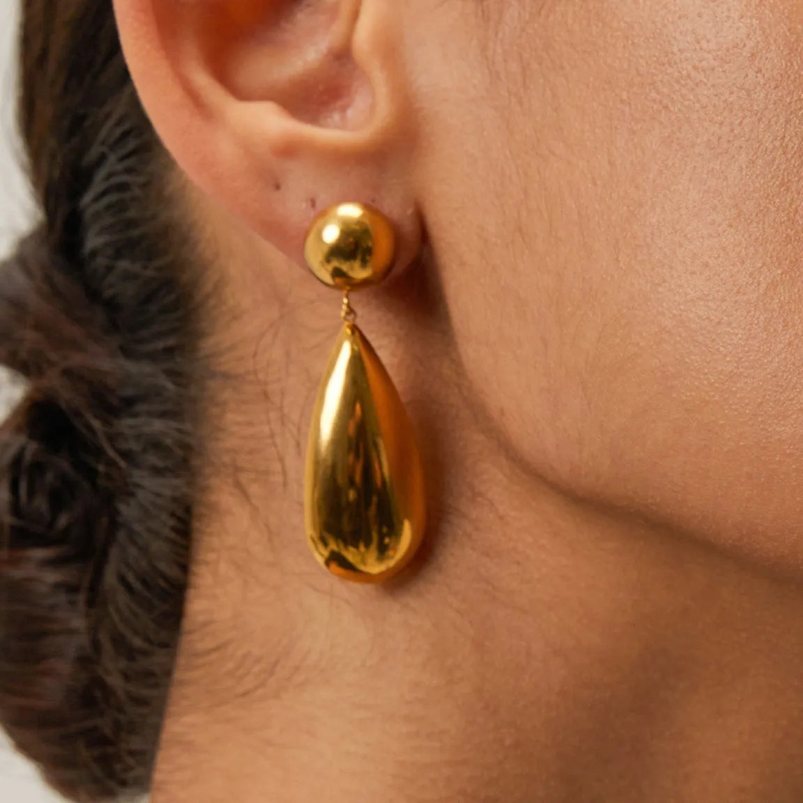 Gold stainless steel water drop hemisphere earrings with geometric design