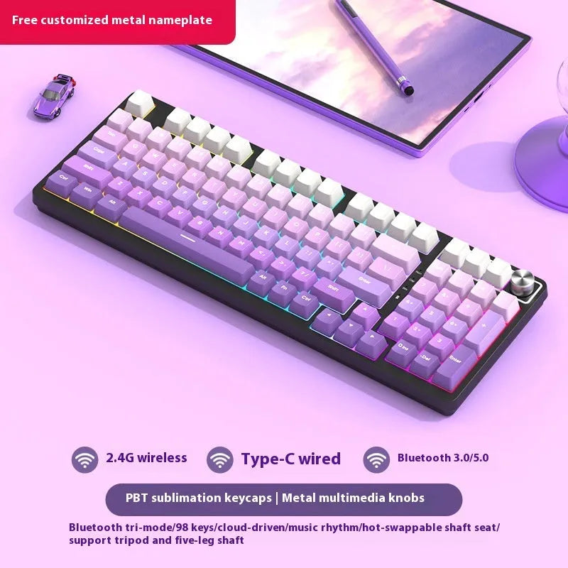 White screen version 98-key wireless mechanical keyboard kit with metal knob on desk