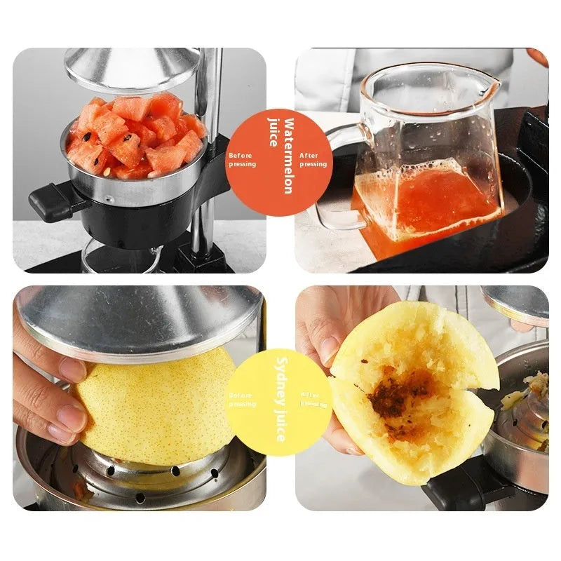 Black and white manual cast iron citrus juicer with stainless steel strainer, 40cm tall.
