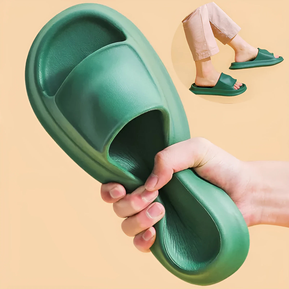 Thickened EVA non-slip flip-flop slippers in multiple colours on a bathroom floor.