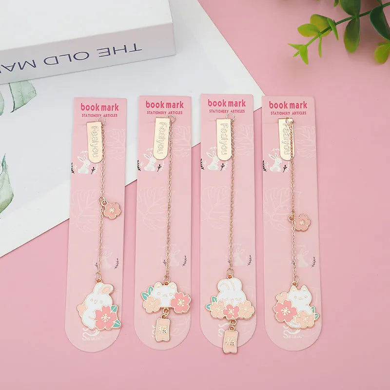 Metal pendant bookmark with cartoon sakura cat design for books and journals