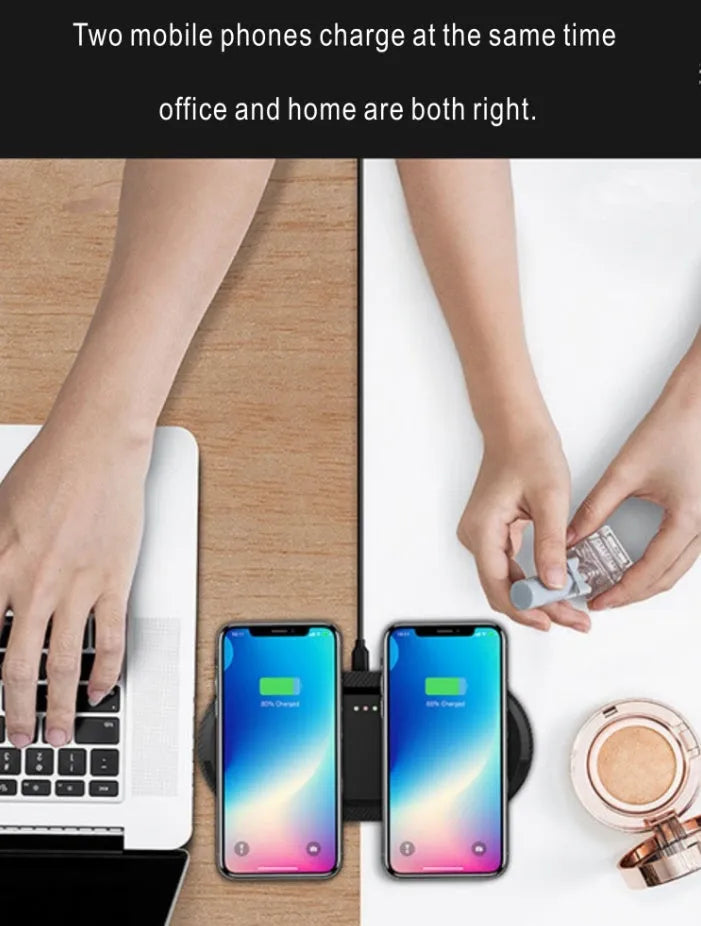 Black and white dual wireless charging pad for two phones with Type-C cable