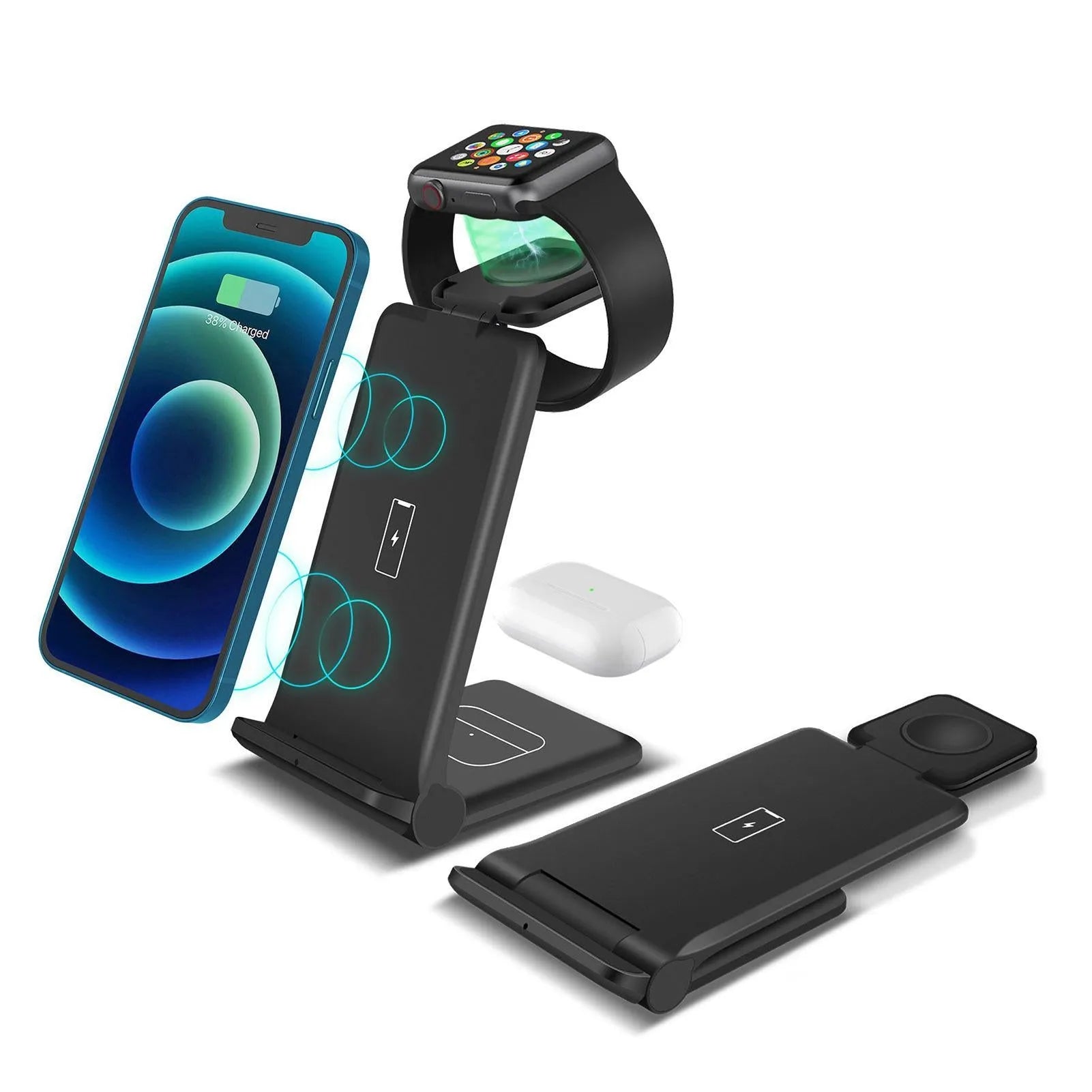 White foldable 3-in-1 wireless charging station for iPhone, Samsung phone, AirPods and Apple Watch.