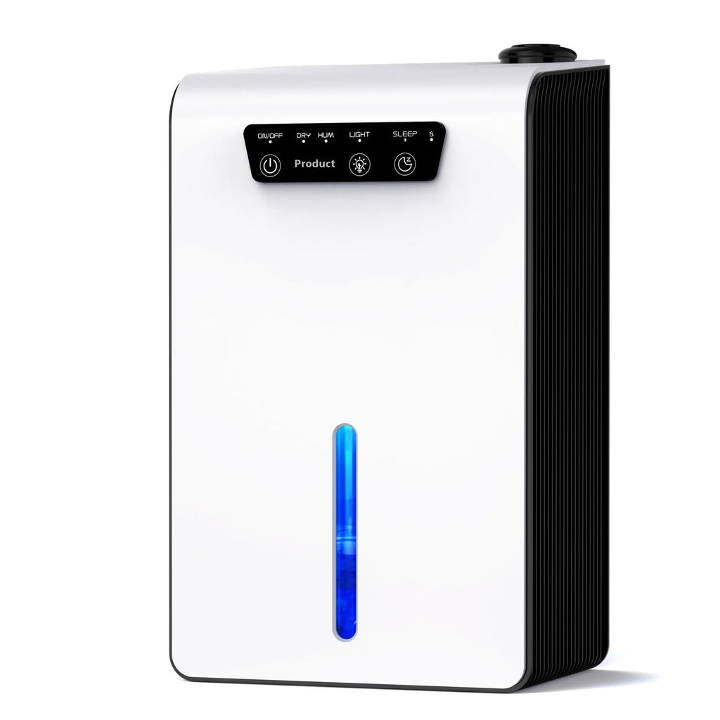 Milk white compact household dehumidifier with water tank on a bedroom floor.