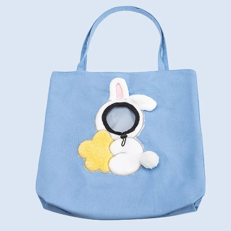 Canvas pet carrier bag with safety zippers, adjustable side opening, and 3D animal pattern in blue, grey, or yellow.
